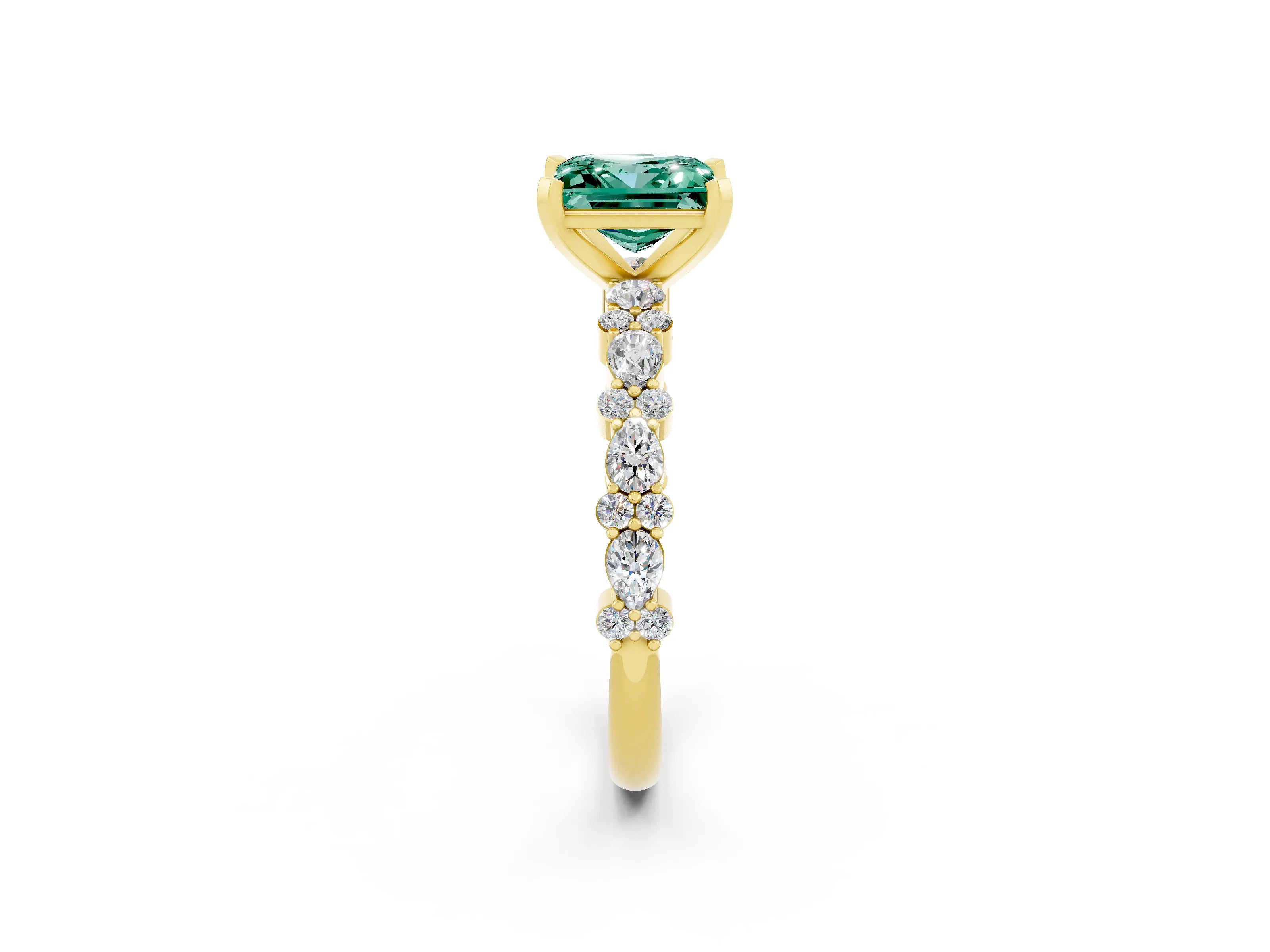 Yellow gold Princess Cut Green Sapphire Solitaire with Side Stones, Pave Band, Four-Prong Setting_38