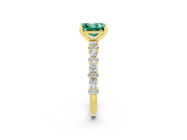 Yellow gold Princess Cut Green Sapphire Side Stone Solitaire Ring with Round  and Four-Prong Setting