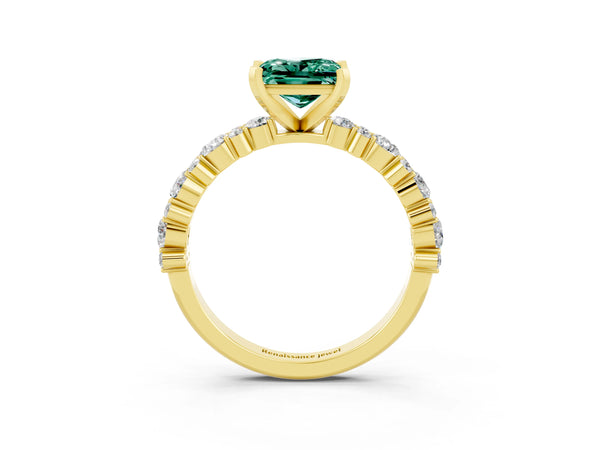 Yellow gold Princess Cut Green Sapphire Side Stone Solitaire Ring with Round  and Four-Prong Setting
