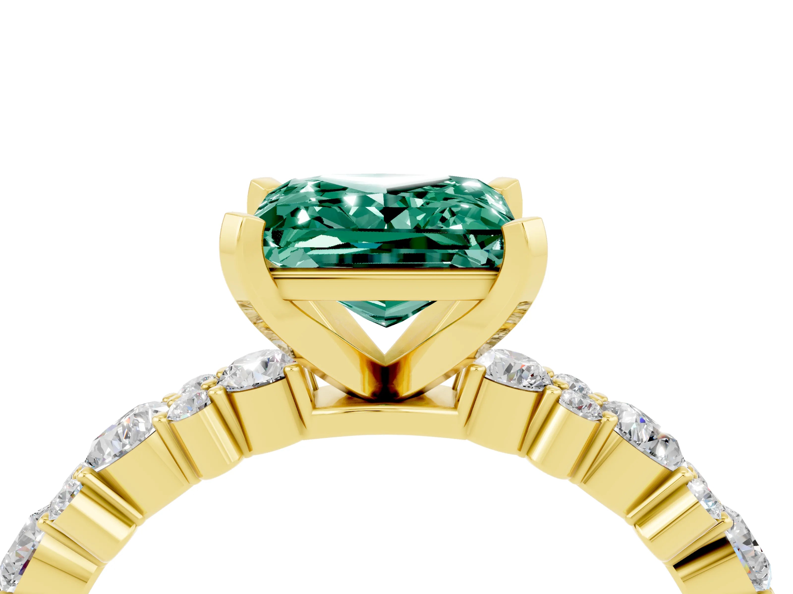 Yellow gold Princess Cut Green Sapphire Solitaire with Side Stones, Pave Band, Four-Prong Setting_40