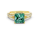 Yellow gold Princess Cut Green Sapphire Split Shank Engagement Ring with Pavé Band