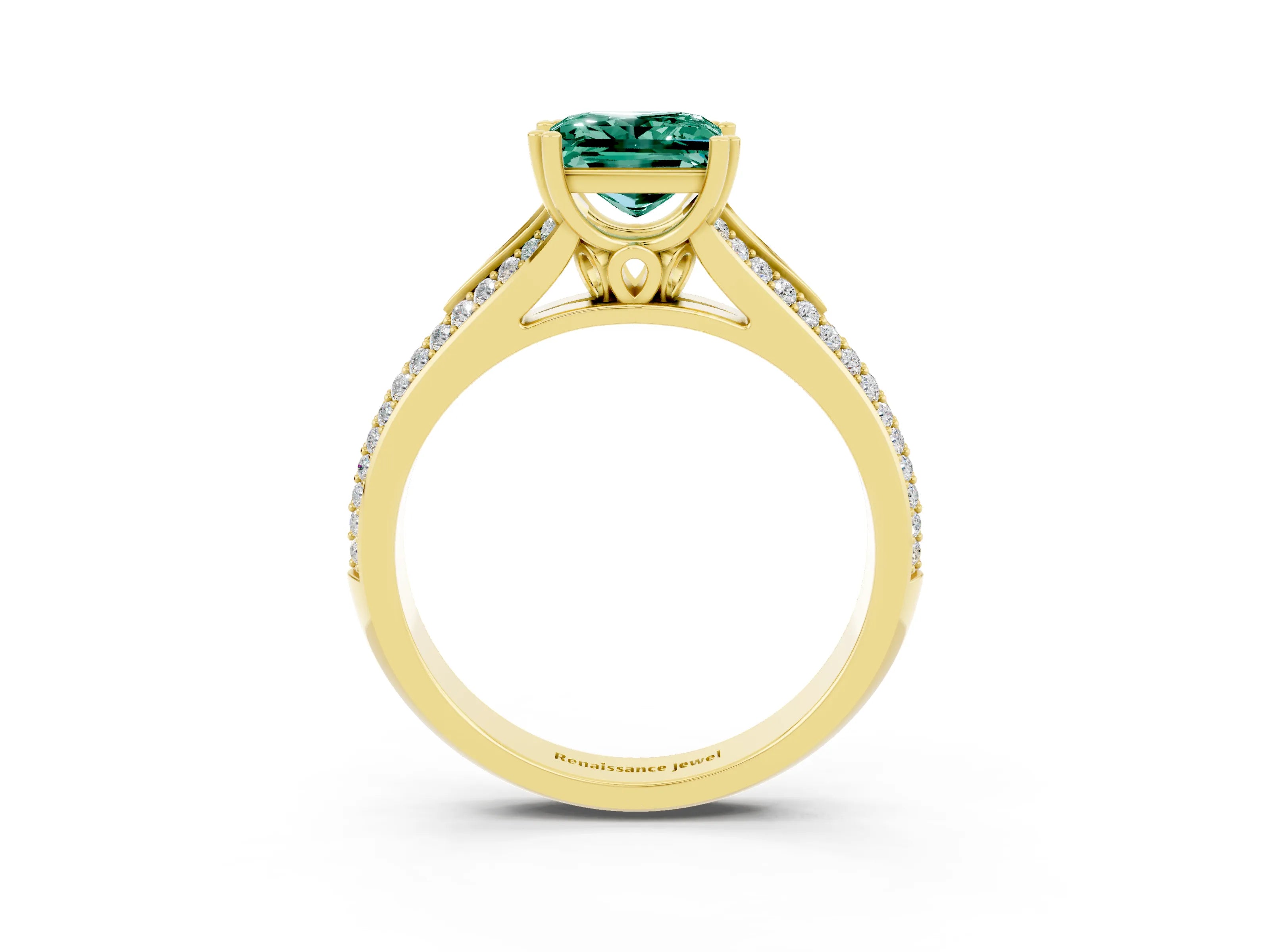 Yellow gold Princess Cut Green Sapphire Split Shank Engagement Ring with Pavé Band_3