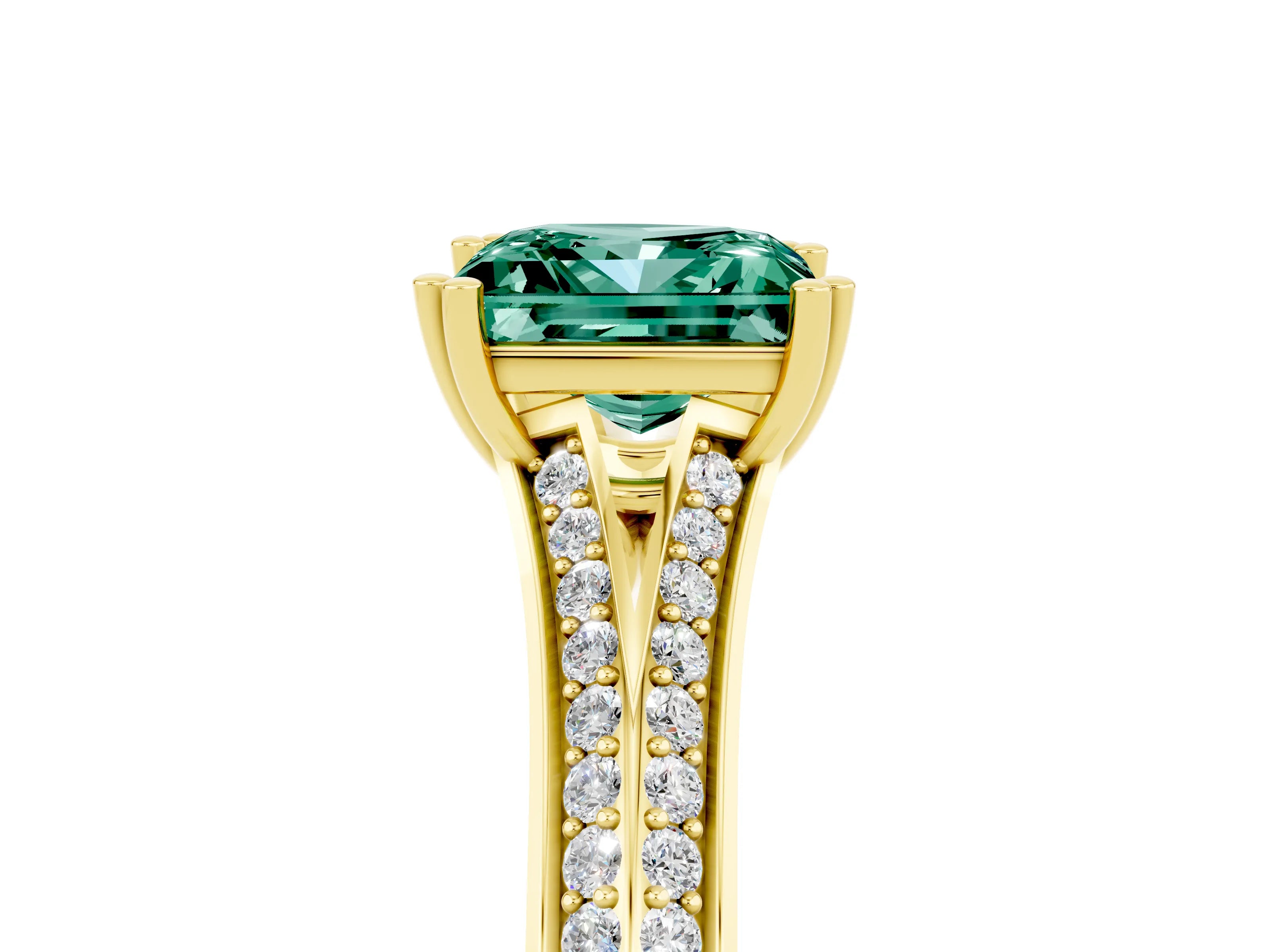 Yellow gold Princess Cut Green Sapphire Split Shank Engagement Ring with Pavé Band_5