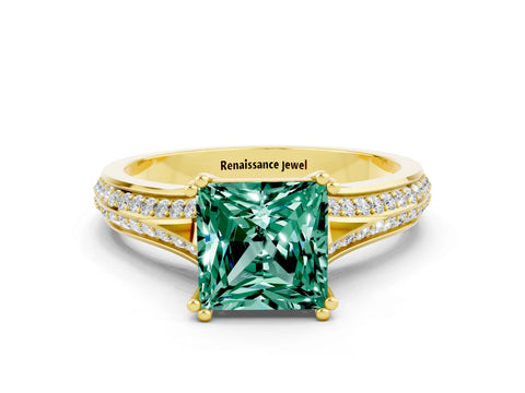 Yellow gold Princess Cut Green Sapphire Split Shank Engagement Ring with Pavé Band