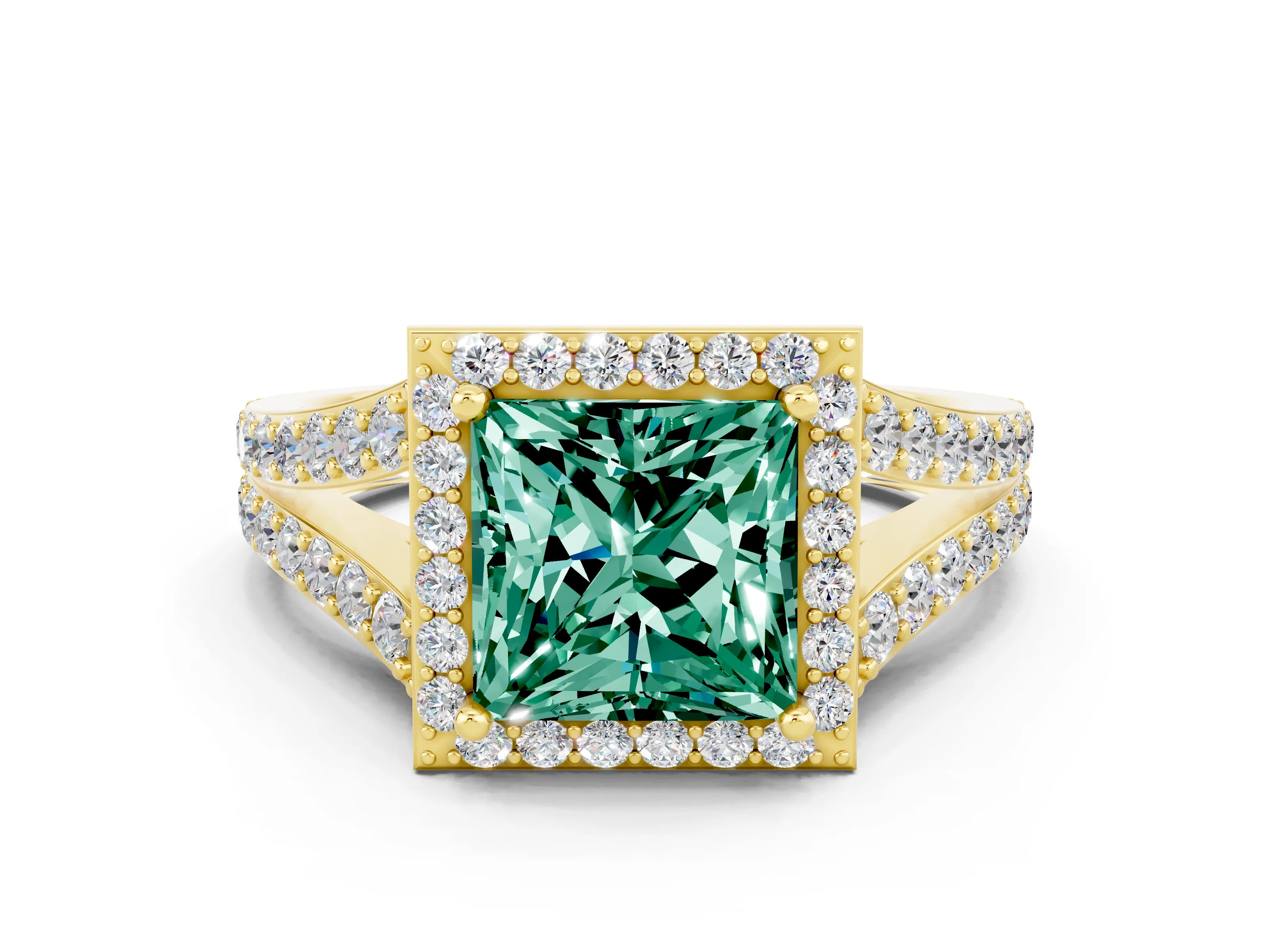 Yellow gold Princess Cut Green Sapphire Split Shank Halo Ring with Four-Prong Setting_12