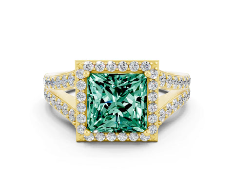 Yellow gold Princess Cut Green Sapphire Split Shank Halo Ring with Four-Prong Setting_12