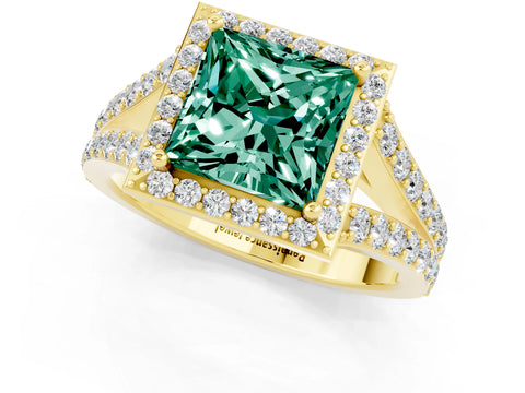 Yellow gold Princess Cut Green Sapphire Split Shank Halo Ring with Four-Prong Setting_13
