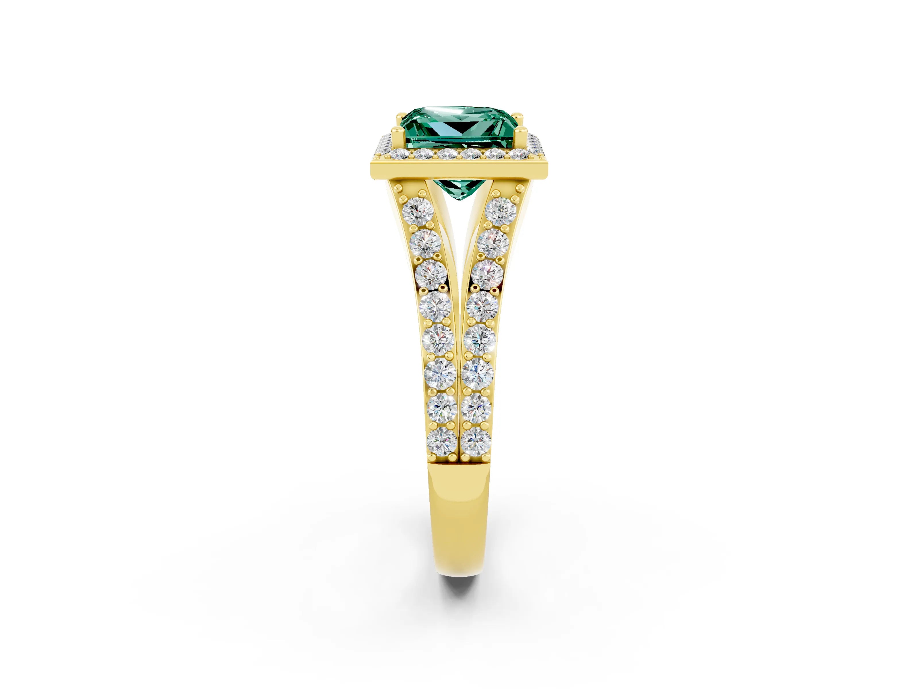 Yellow gold Princess Cut Green Sapphire Split Shank Halo Ring with Four-Prong Setting_14