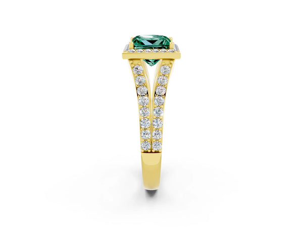 Yellow gold Princess Cut Green Sapphire Split Shank Halo Ring with Four-Prong Setting
