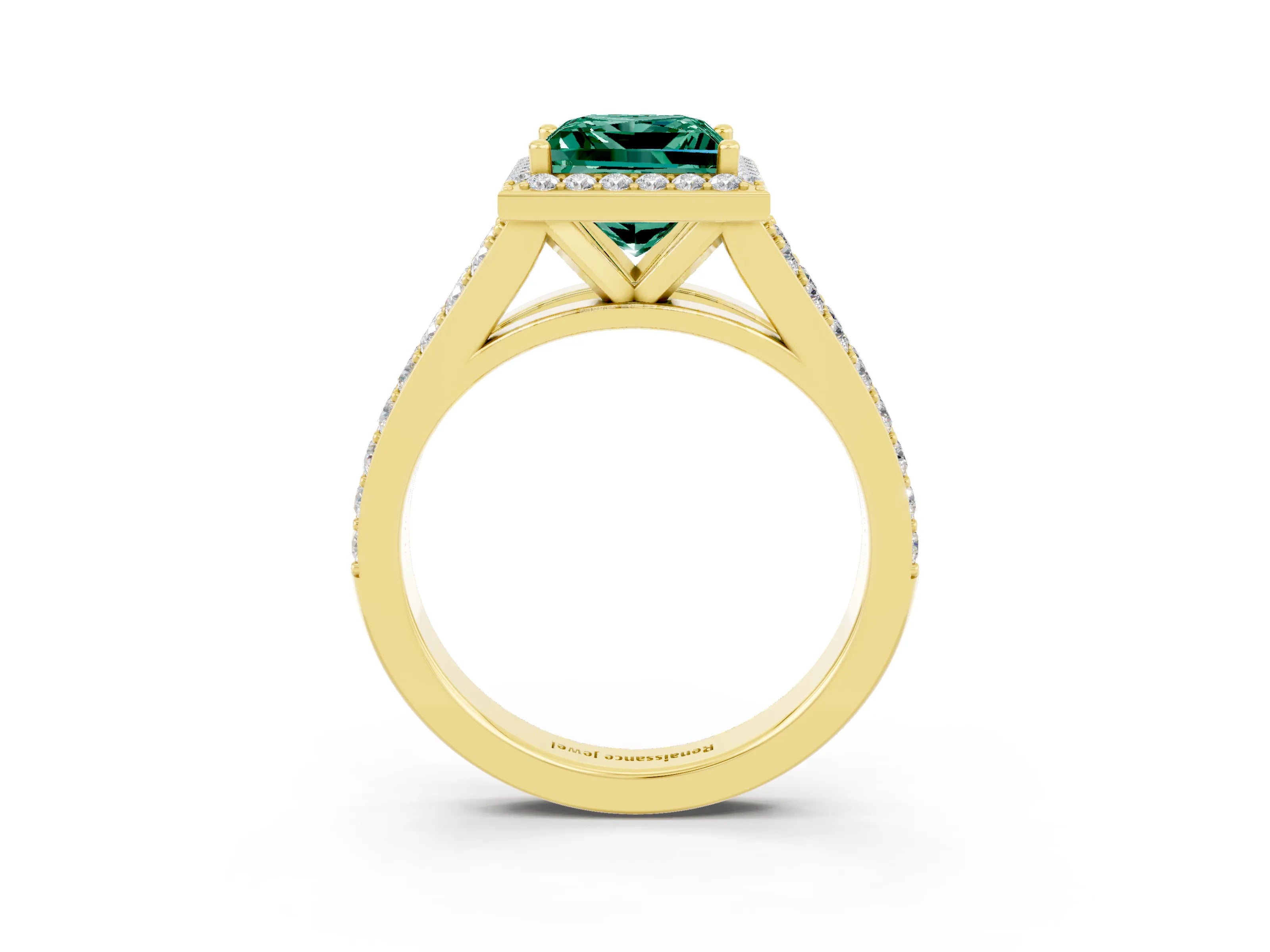 Yellow gold Princess Cut Green Sapphire Split Shank Halo Ring with Four-Prong Setting_15
