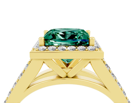 Yellow gold Princess Cut Green Sapphire Split Shank Halo Ring with Four-Prong Setting_16