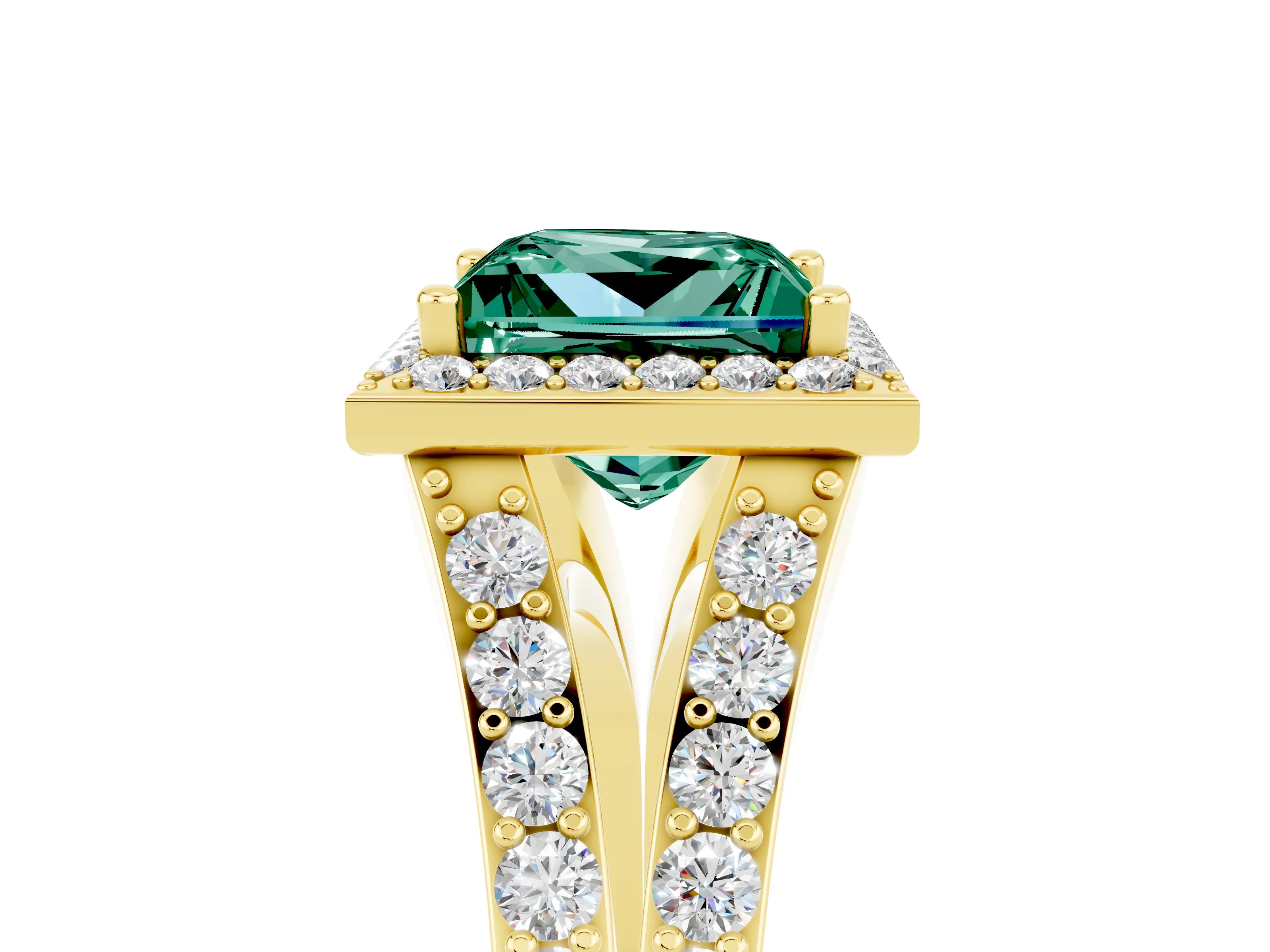 Yellow gold Princess Cut Green Sapphire Split Shank Halo Ring with Four-Prong Setting_17
