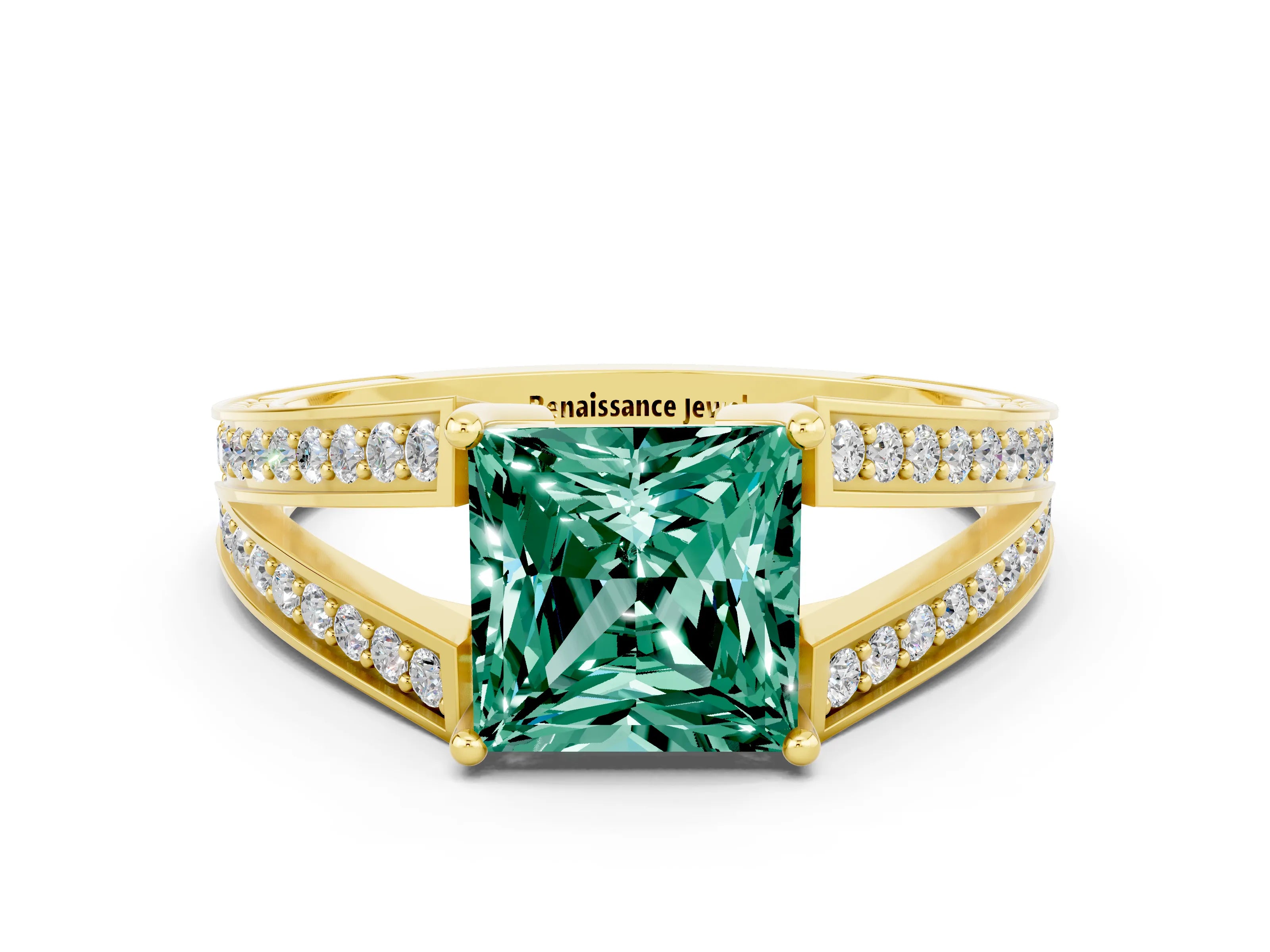 Yellow gold Princess Cut Green Sapphire Split Shank Ring with Pavé Band and Four-Prong Setting