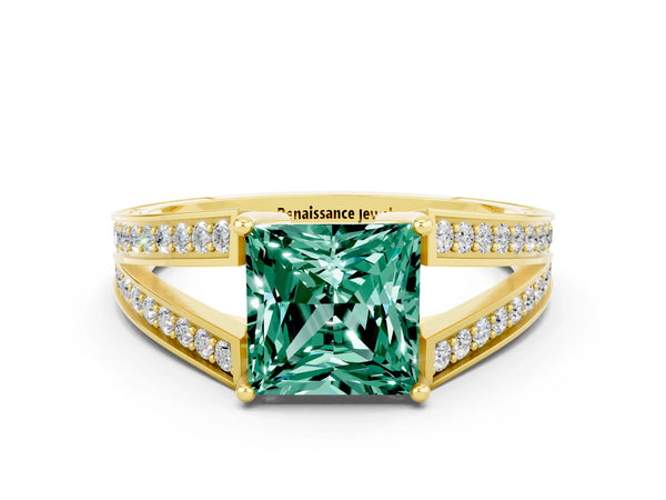 Yellow gold Princess Cut Green Sapphire Split Shank Ring with Pavé Band and Four-Prong Setting