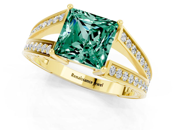 Yellow gold Princess Cut Green Sapphire Split Shank Ring with Pavé Band and Four-Prong Setting