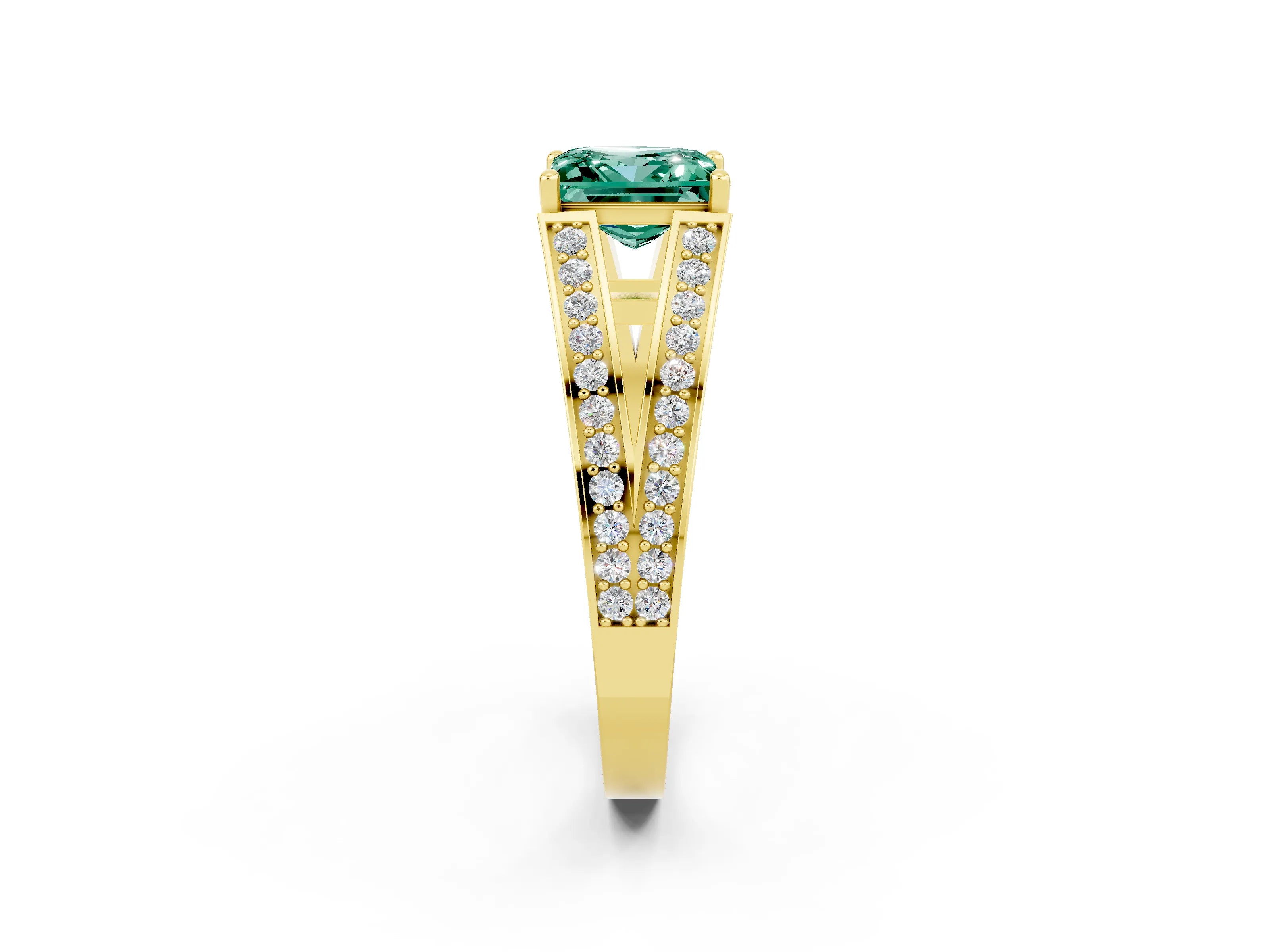 Yellow gold Princess Cut Green Sapphire Split Shank Ring with Pavé Band and Four-Prong Setting_2