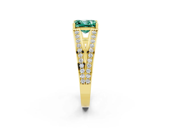 Yellow gold Princess Cut Green Sapphire Split Shank Ring with Pavé Band and Four-Prong Setting