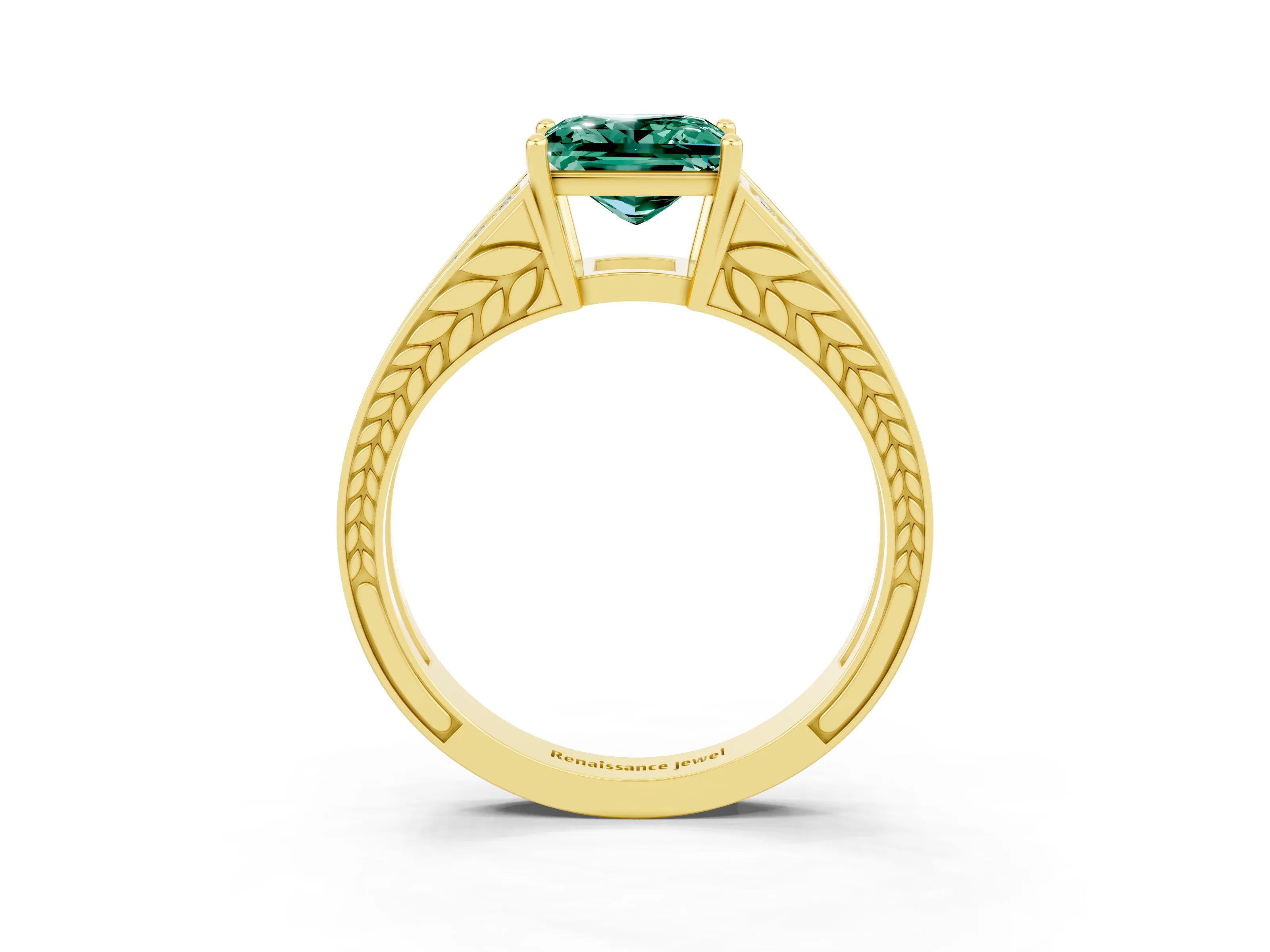 Yellow gold Princess Cut Green Sapphire Split Shank Ring with Pavé Band and Four-Prong Setting_3