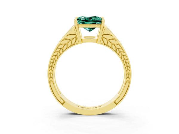 Yellow gold Princess Cut Green Sapphire Split Shank Ring with Pavé Band and Four-Prong Setting