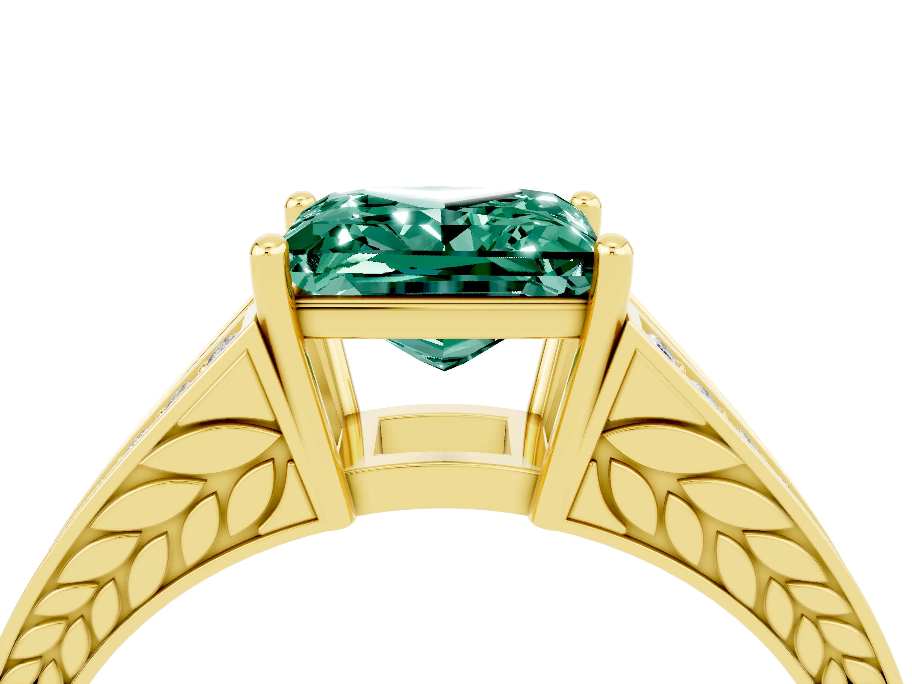 Yellow gold Princess Cut Green Sapphire Split Shank Ring with Pavé Band and Four-Prong Setting_4
