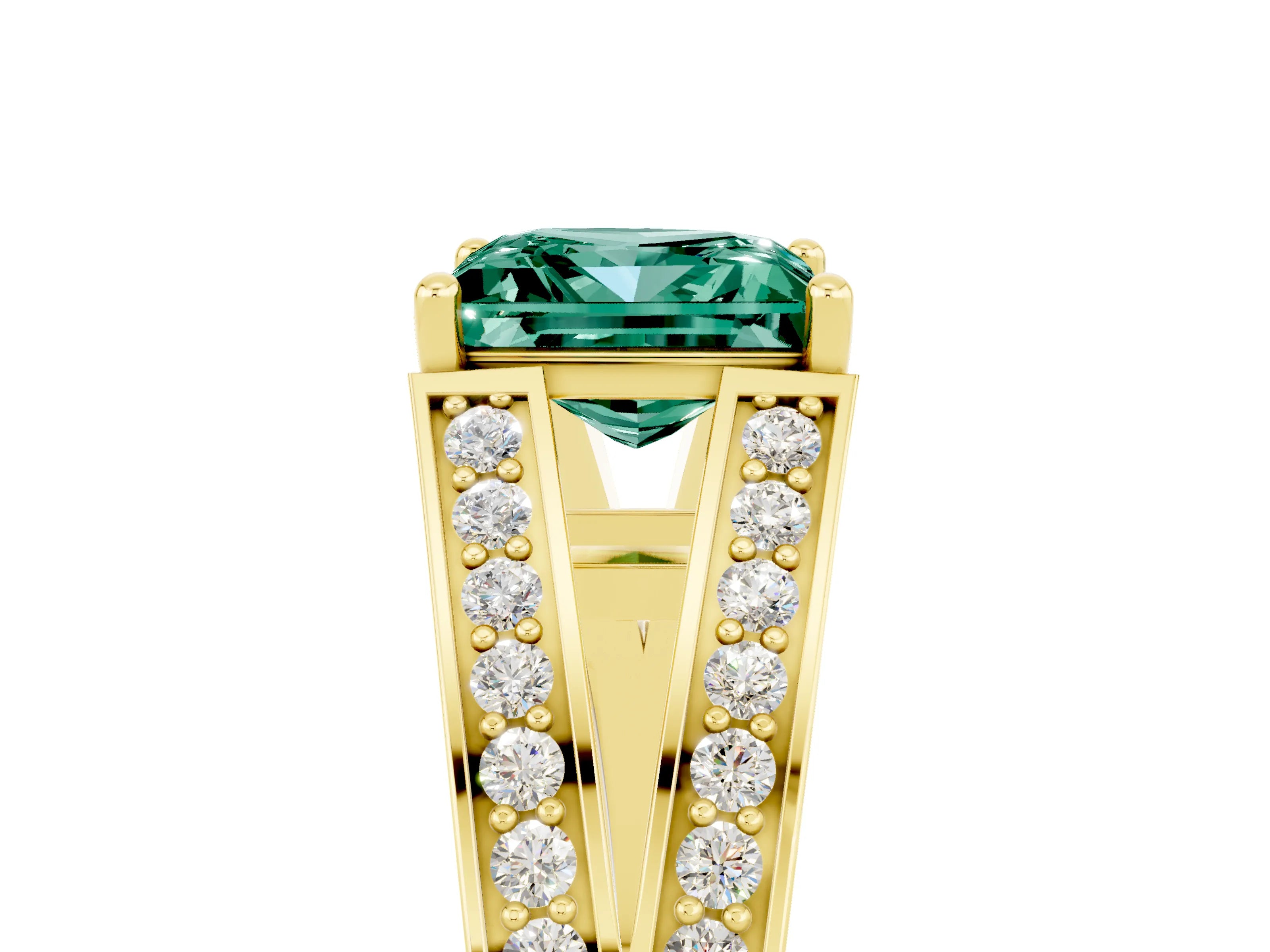 Yellow gold Princess Cut Green Sapphire Split Shank Ring with Pavé Band and Four-Prong Setting_5
