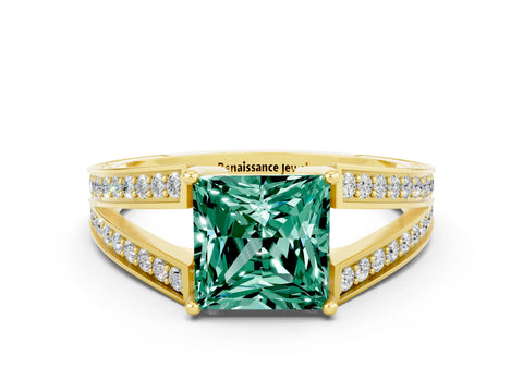 Yellow gold Princess Cut Green Sapphire Split Shank Ring with Pavé Band and Four-Prong Setting