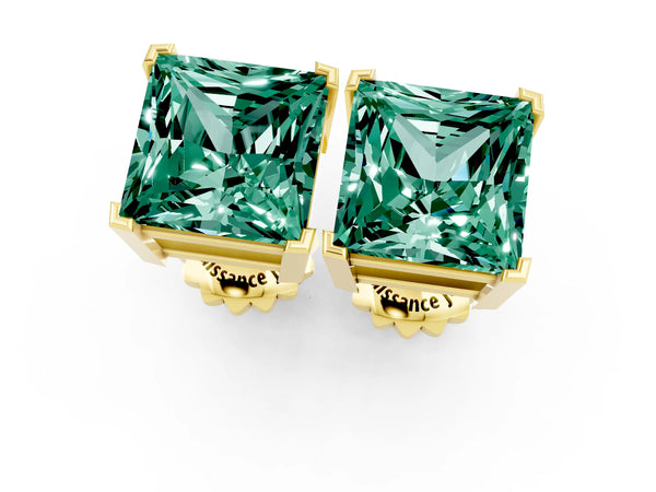 Yellow gold Princess Cut Green Sapphire Stud Earrings