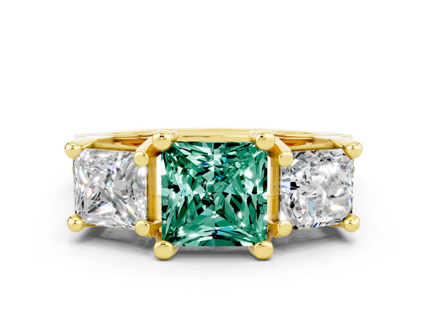 Yellow gold Princess Cut Green Sapphire Three-Stone Ring with Channel Set Band and Four-Prong Setting