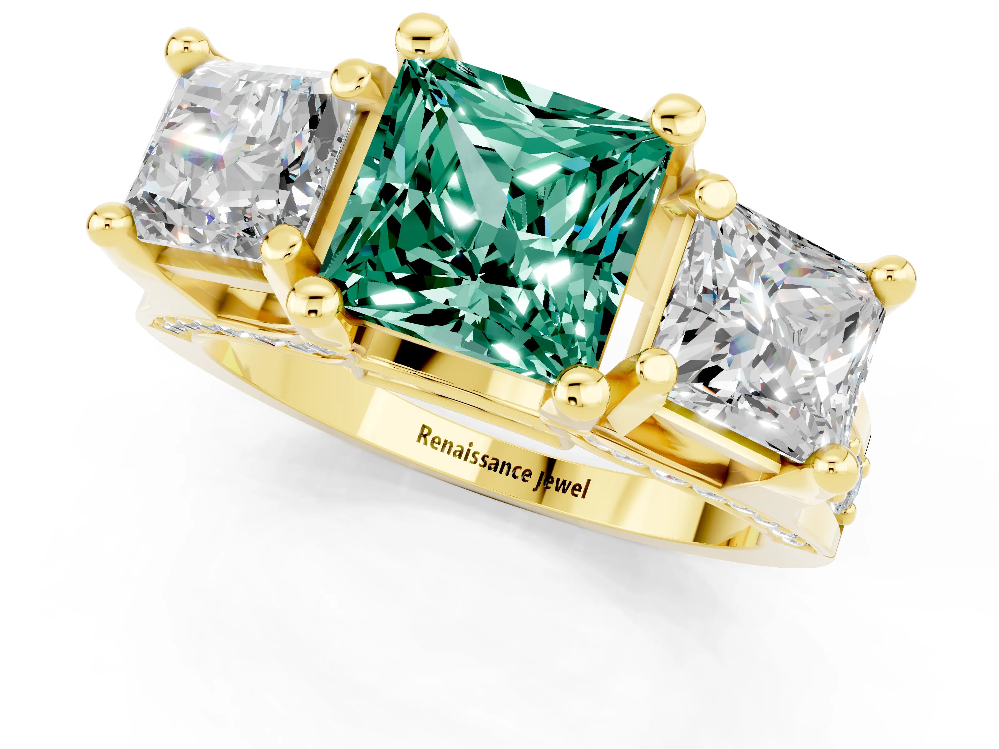 Yellow gold Princess Cut Green Sapphire Three-Stone Ring with Channel Set Band and Four-Prong Setting_1
