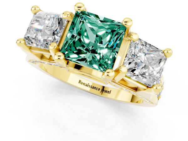 Yellow gold Princess Cut Green Sapphire Three-Stone Ring with Channel Set Band and Four-Prong Setting