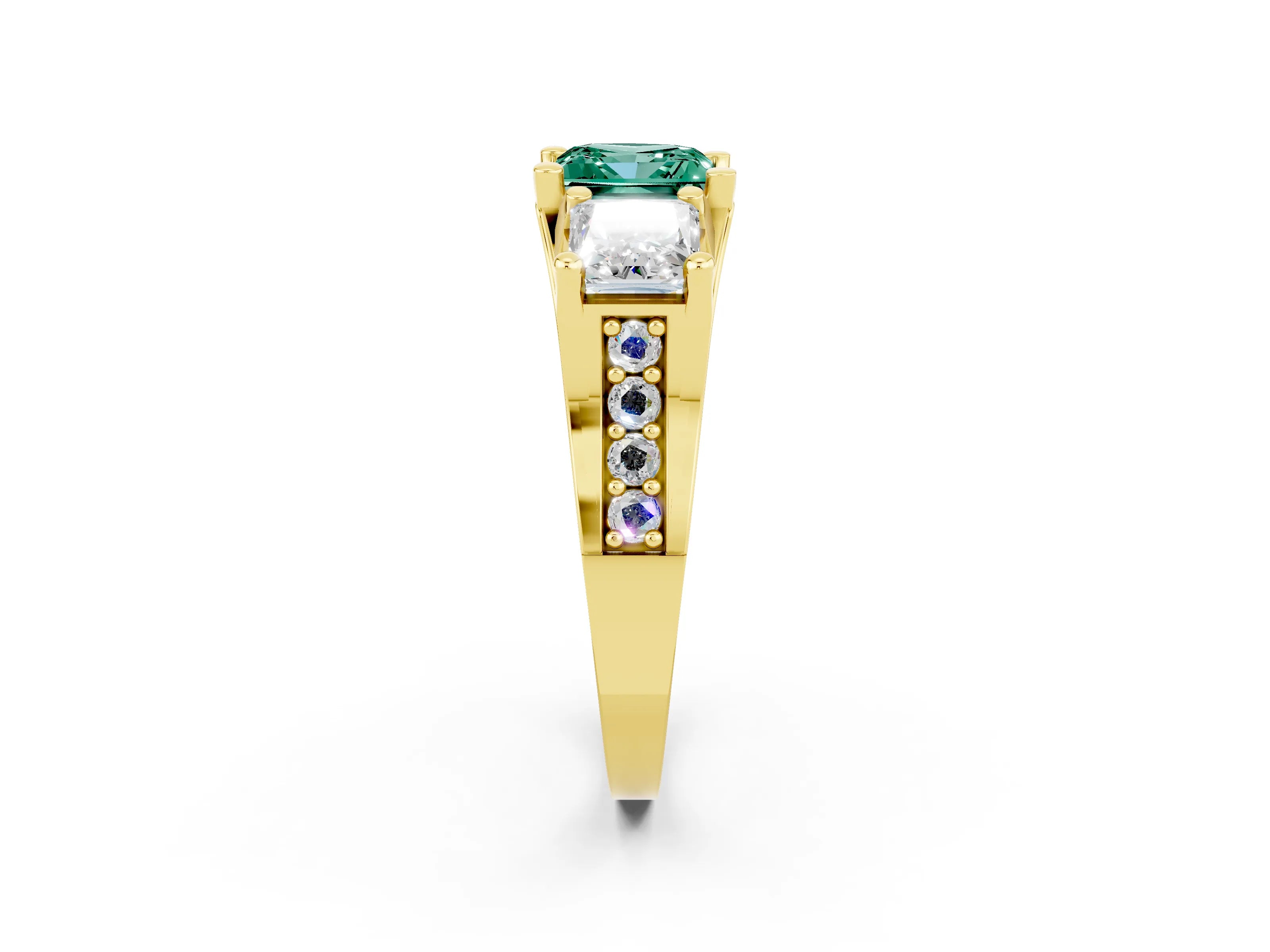 Yellow gold Princess Cut Green Sapphire Three-Stone Ring with Channel Set Band and Four-Prong Setting_2