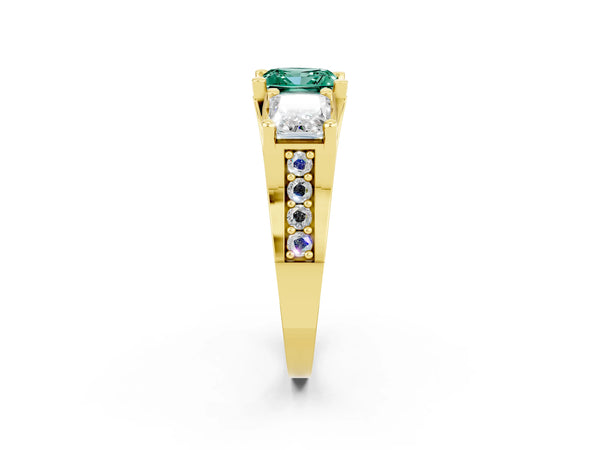 Yellow gold Princess Cut Green Sapphire Three-Stone Ring with Channel Set Band and Four-Prong Setting