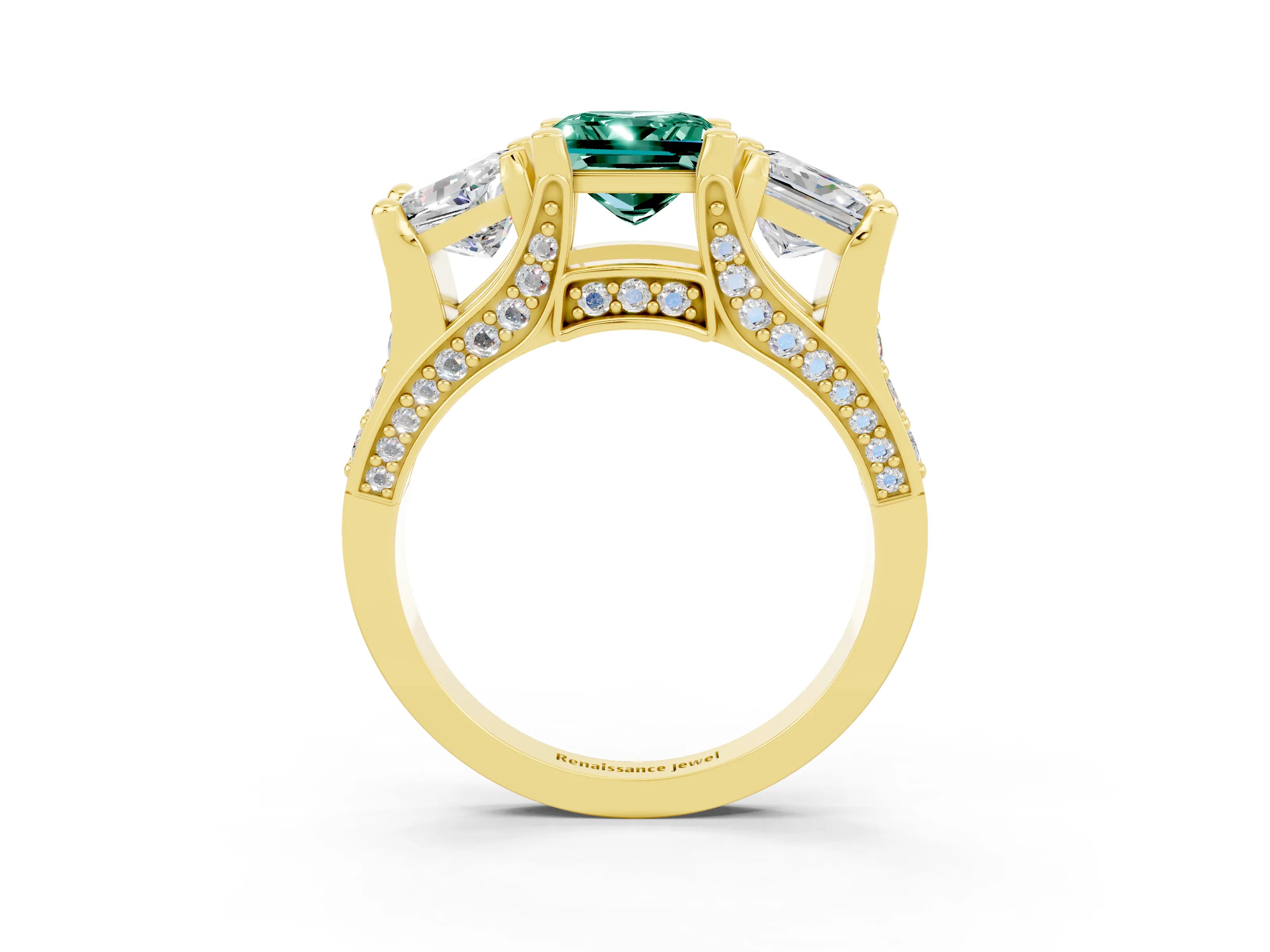 Yellow gold Princess Cut Green Sapphire Three-Stone Ring with Channel Set Band and Four-Prong Setting_3