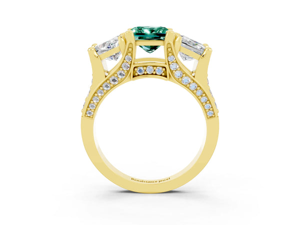Yellow gold Princess Cut Green Sapphire Three-Stone Ring with Channel Set Band and Four-Prong Setting