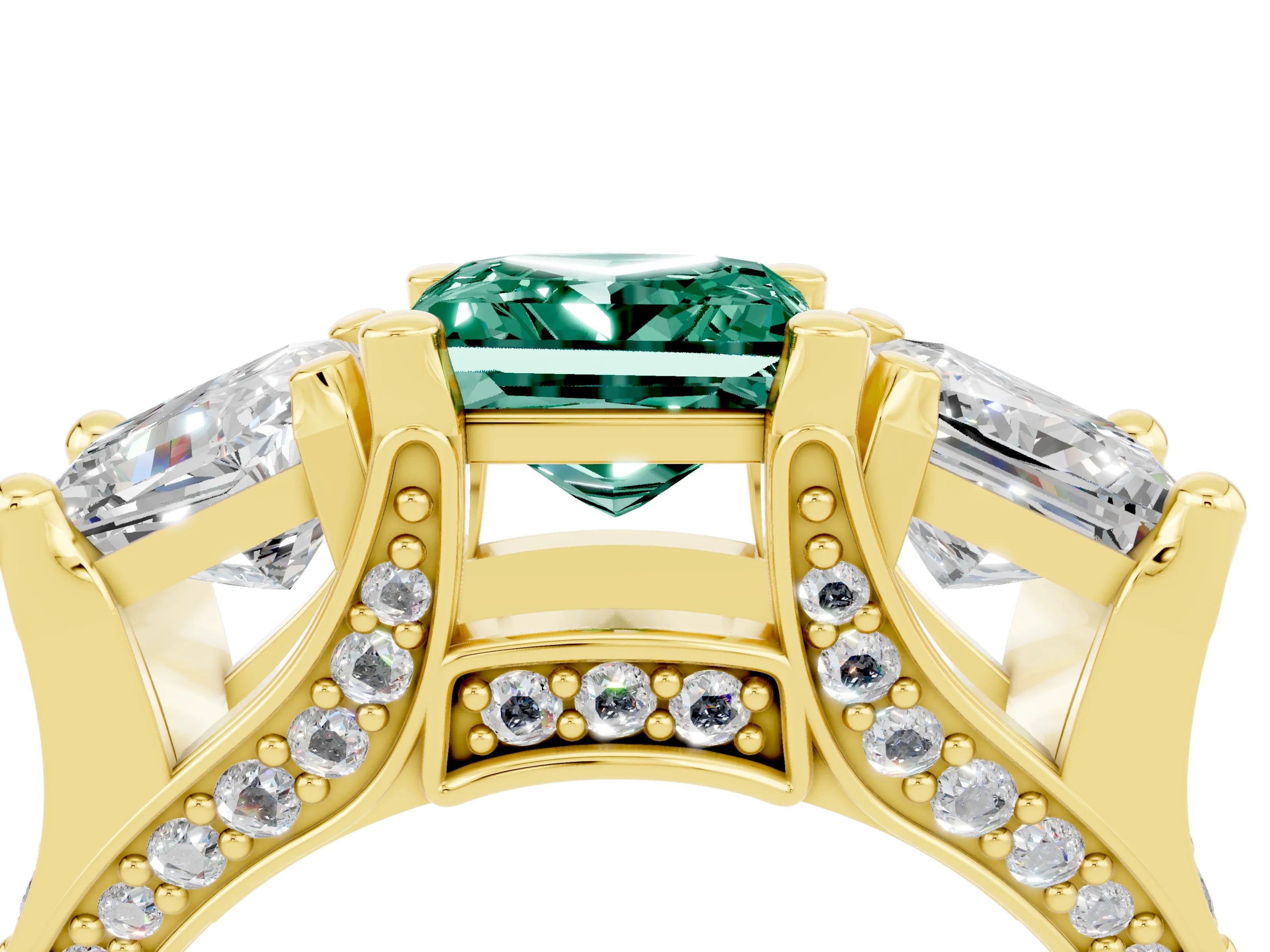 Yellow gold Princess Cut Green Sapphire Three-Stone Ring with Channel Set Band and Four-Prong Setting_4