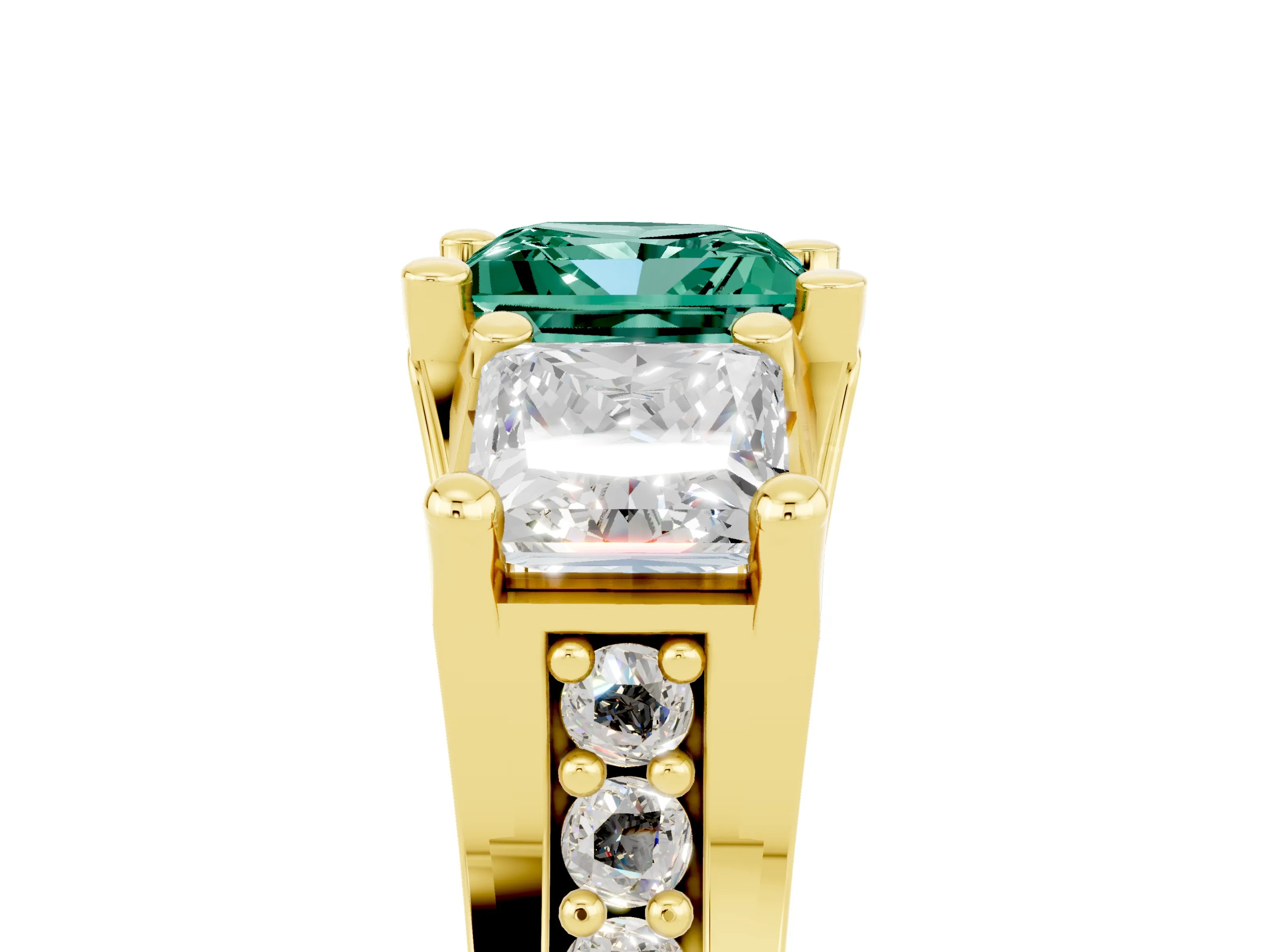 Yellow gold Princess Cut Green Sapphire Three-Stone Ring with Channel Set Band and Four-Prong Setting_5