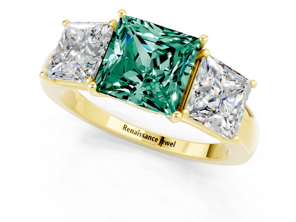 Yellow gold Princess Cut Green Sapphire Three-Stone Ring with Four-Prong Setting and Classic Band