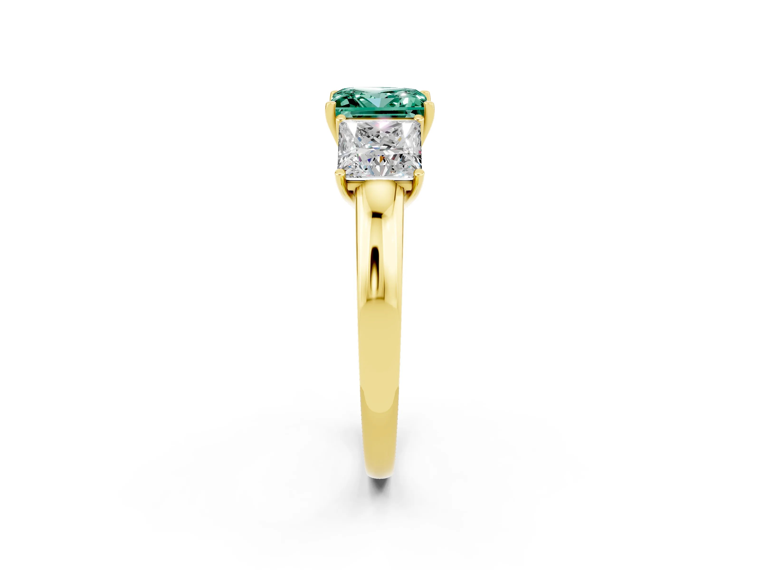 Yellow gold Princess Cut Green Sapphire Three-Stone Ring with Four-Prong Setting and Classic Band_2