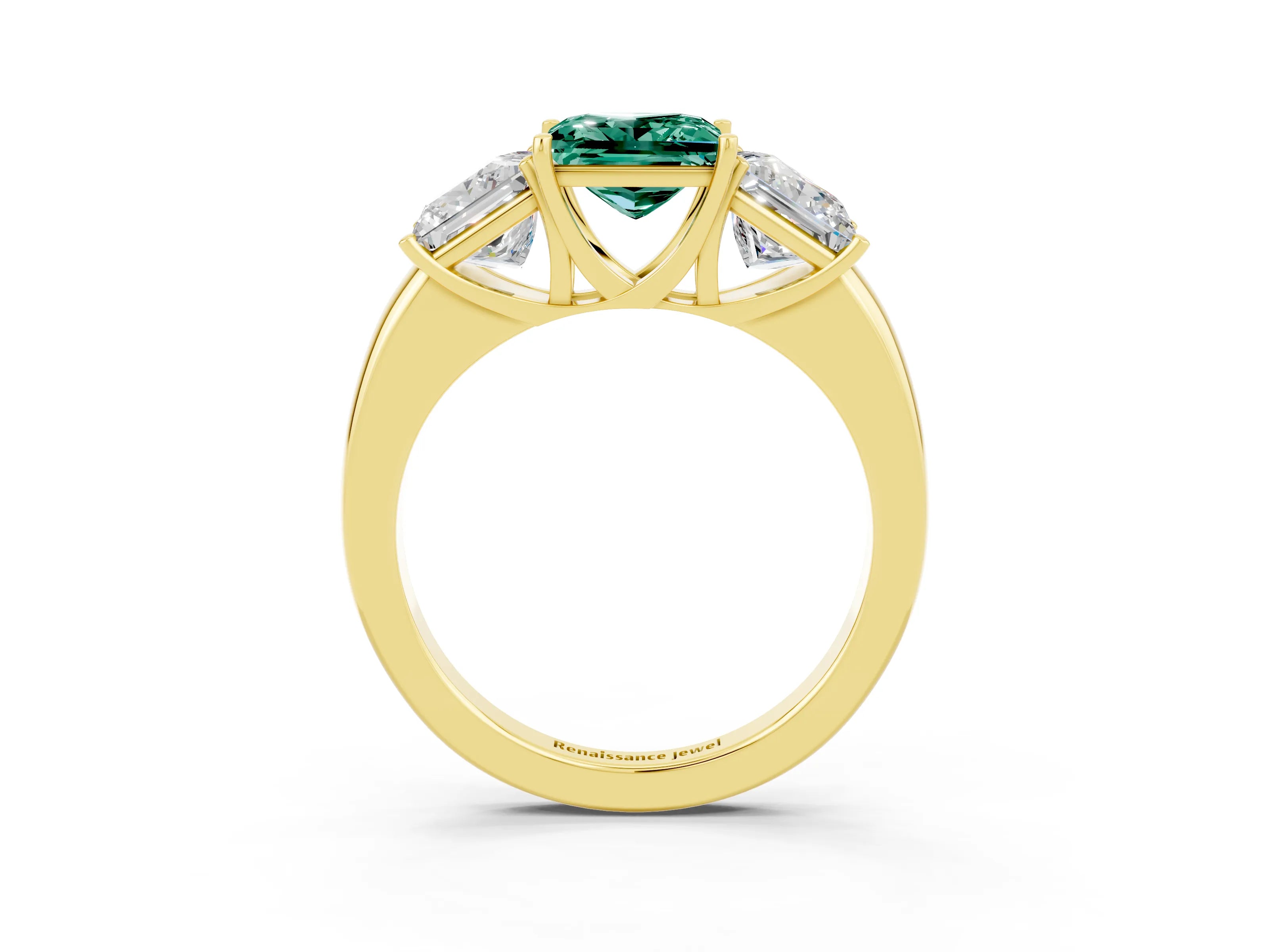 Yellow gold Princess Cut Green Sapphire Three-Stone Ring with Four-Prong Setting and Classic Band_3