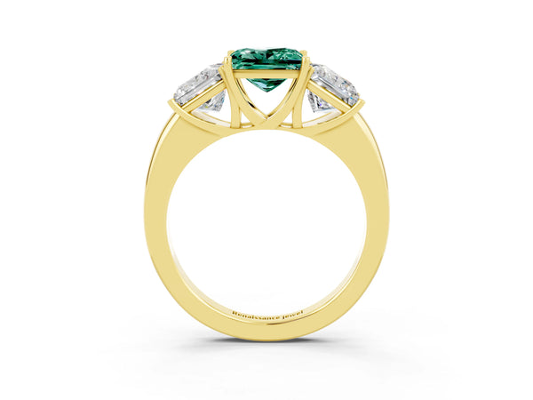 Yellow gold Princess Cut Green Sapphire Three-Stone Ring with Four-Prong Setting and Classic Band