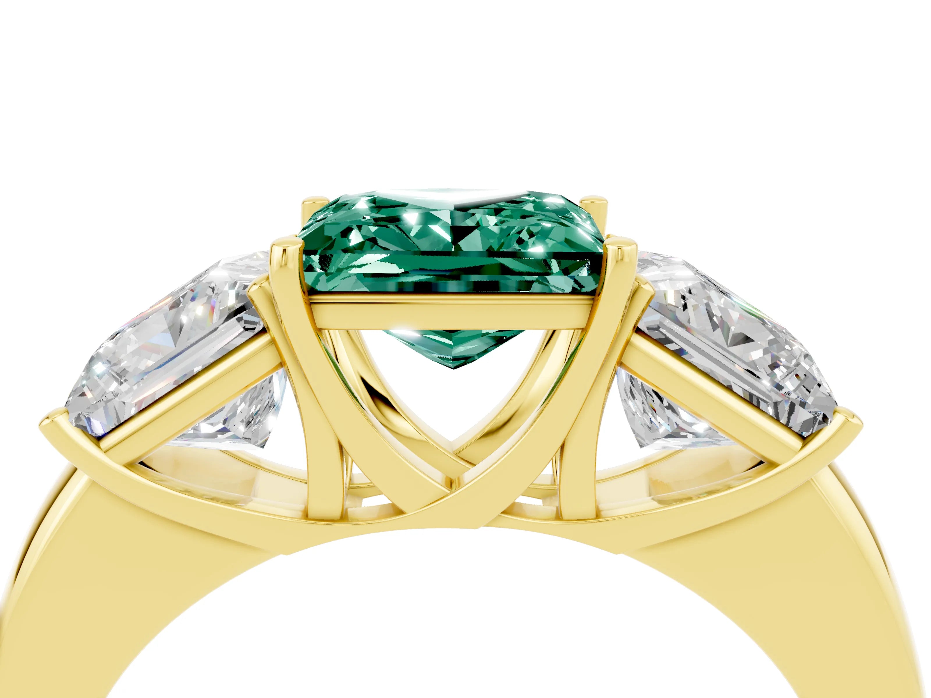 Yellow gold Princess Cut Green Sapphire Three-Stone Ring with Four-Prong Setting and Classic Band_4