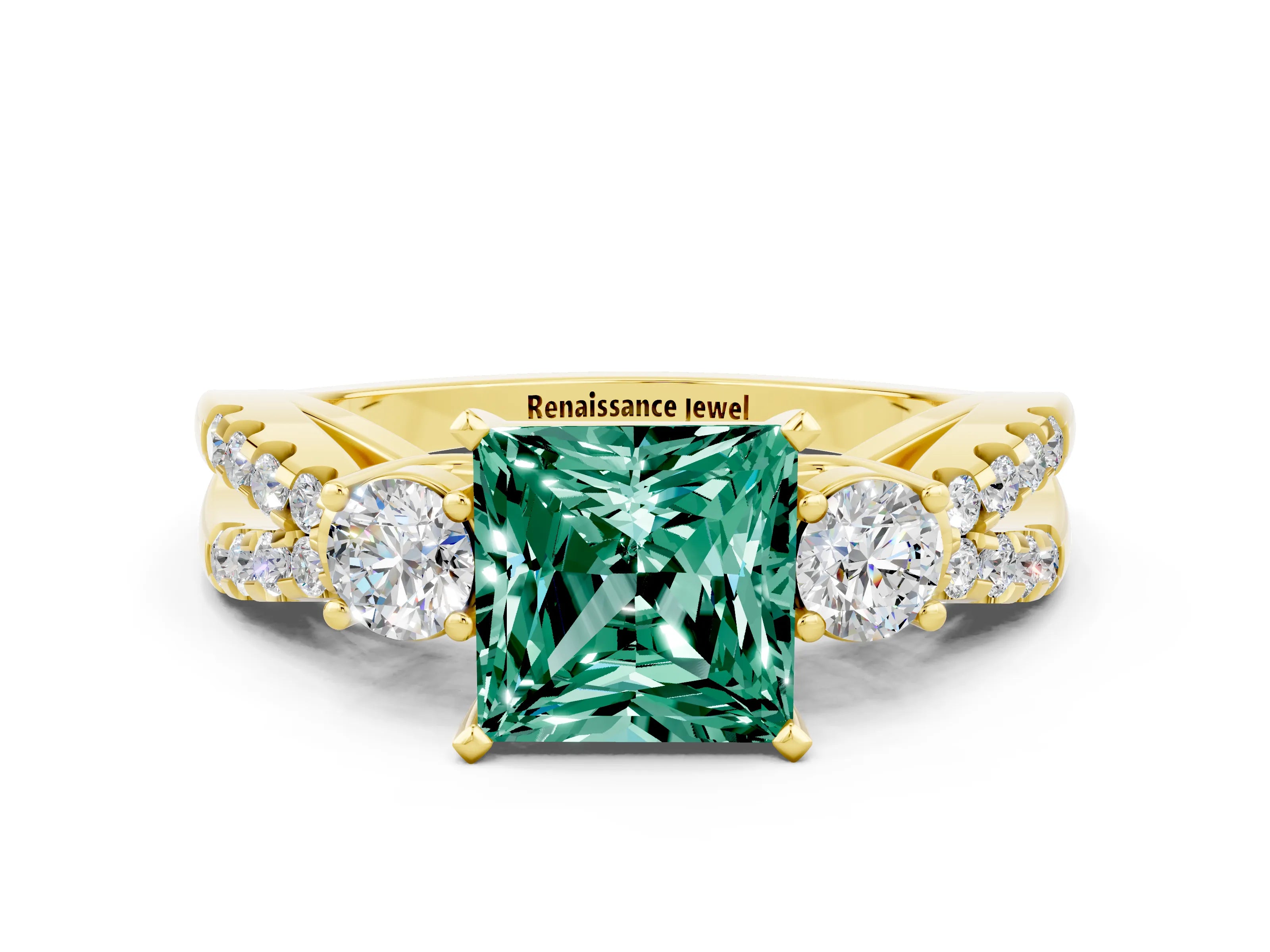 Yellow gold Princess Cut Green Sapphire Three-Stone Ring with Pavé Split Shank and Four-Prong Setting