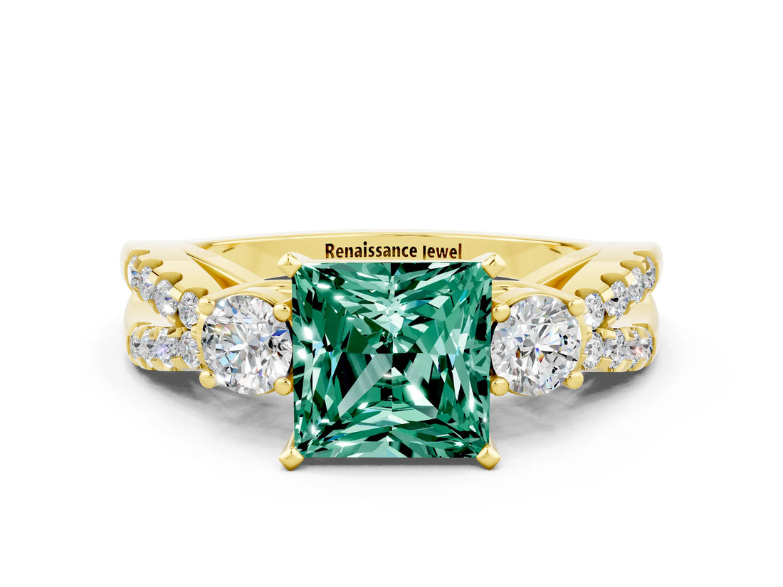 Yellow gold Princess Cut Green Sapphire Three-Stone Ring with Pavé Split Shank and Four-Prong Setting