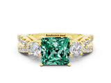 Yellow gold Princess Cut Green Sapphire Three-Stone Ring with Pavé Split Shank and Four-Prong Setting