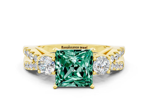 Yellow gold Princess Cut Green Sapphire Three-Stone Ring with Pavé Split Shank and Four-Prong Setting