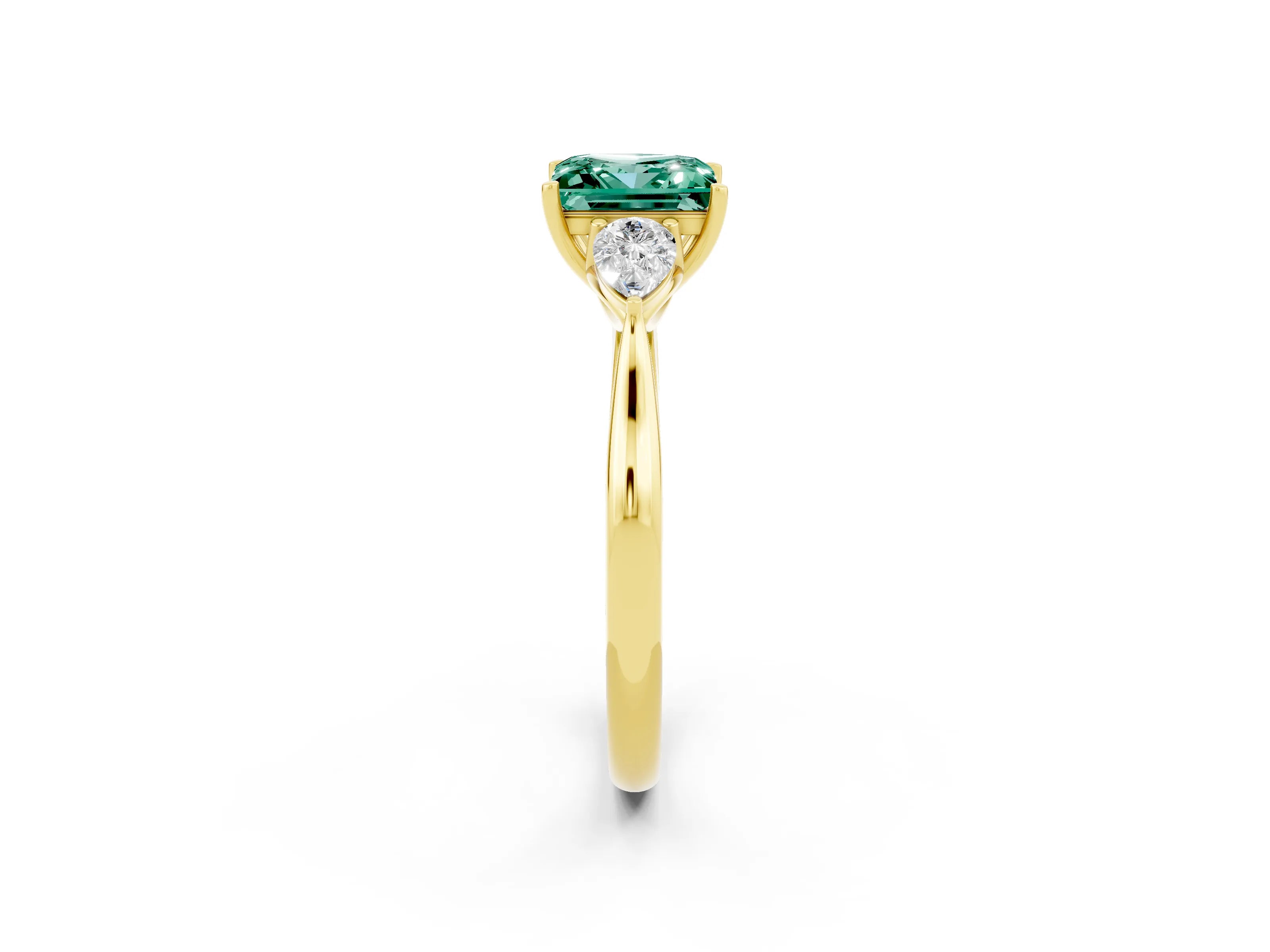 Yellow gold Princess Cut Green Sapphire Three-Stone Ring with Pear Side Stones and Four-Prong Setting_14