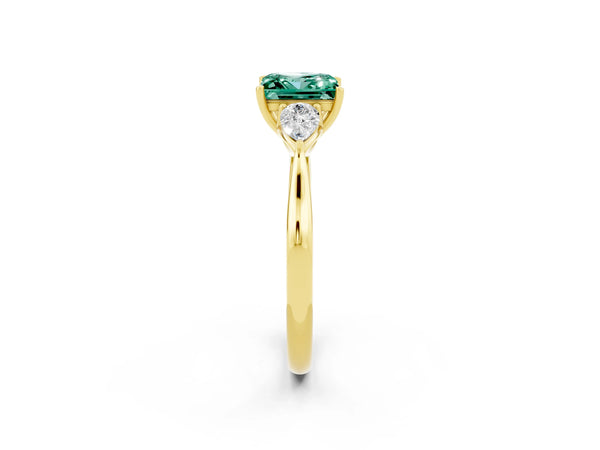 Yellow gold Princess Cut Green Sapphire Three-Stone Ring with Pear  Side Stones and Prong Setting