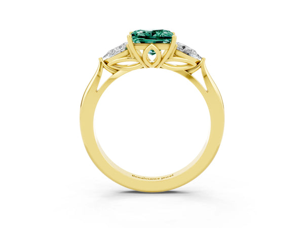 Yellow gold Princess Cut Green Sapphire Three-Stone Ring with Pear  Side Stones and Prong Setting