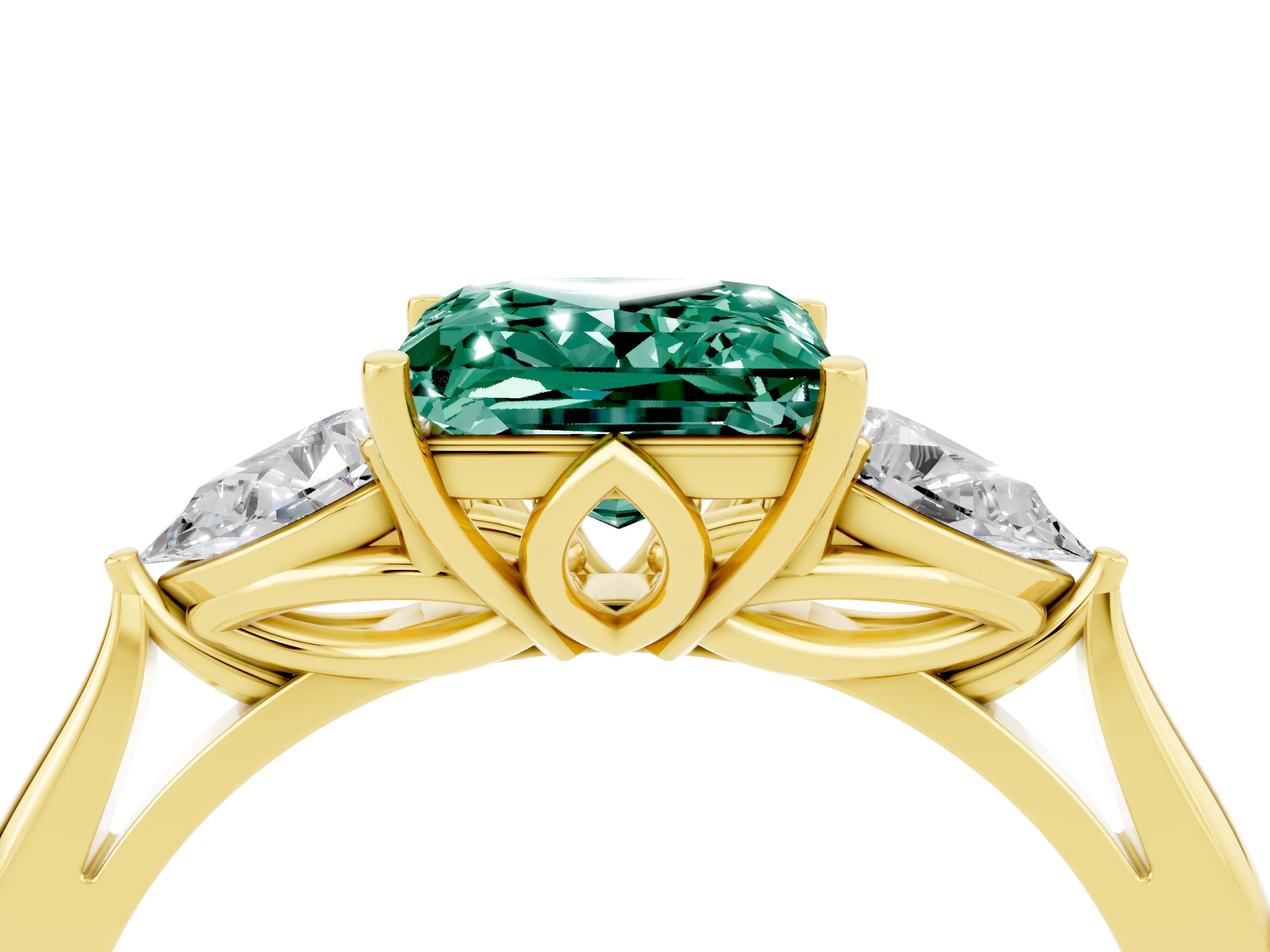 Yellow gold Princess Cut Green Sapphire Three-Stone Ring with Pear Side Stones and Four-Prong Setting_16
