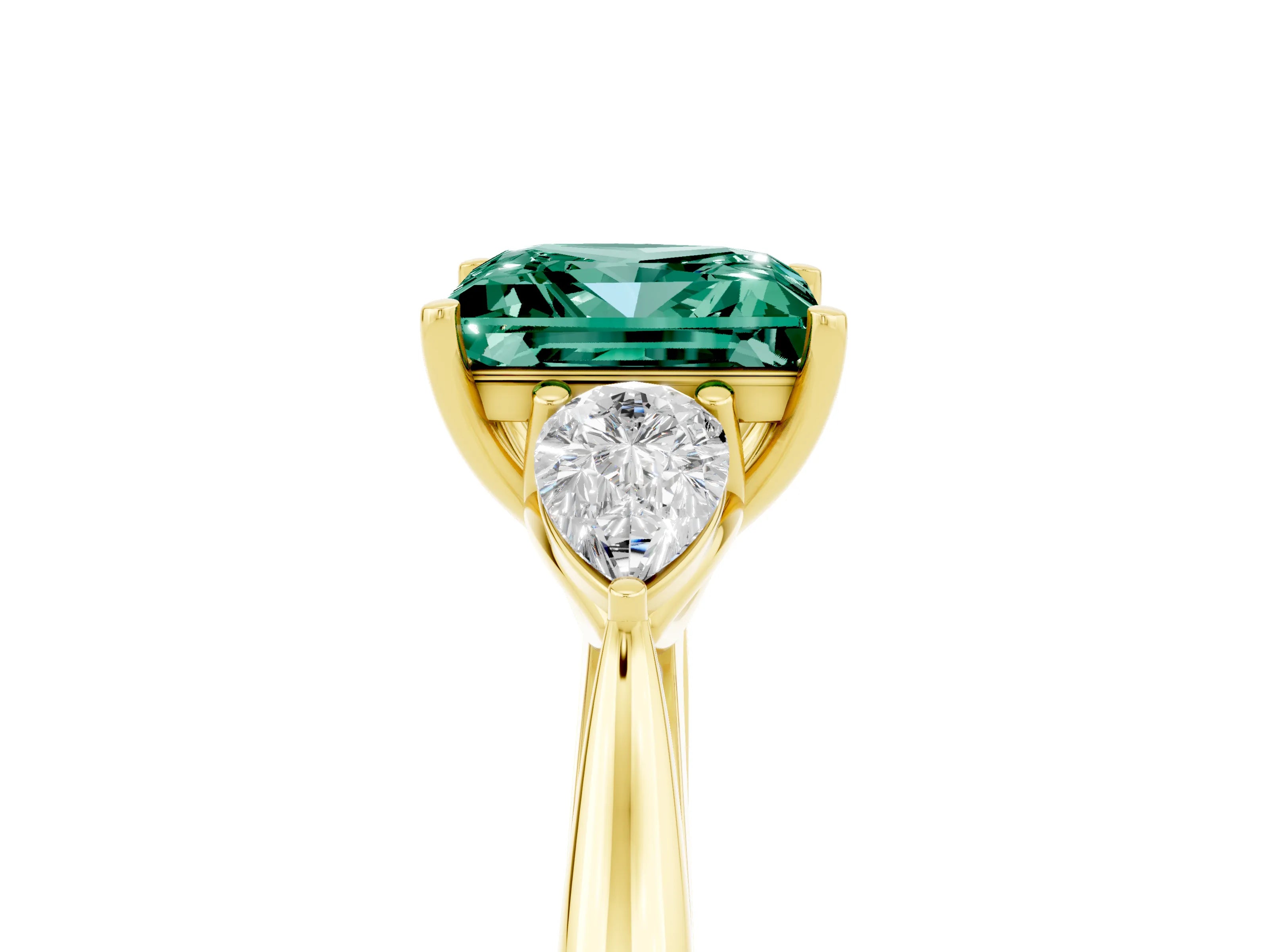 Yellow gold Princess Cut Green Sapphire Three-Stone Ring with Pear Side Stones and Four-Prong Setting_17